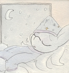 Size: 692x733 | Tagged: safe, artist:slightlyshade, trixie, pony, unicorn, g4, clothes, female, hat, mare, nightcap, pajamas, sleeping, solo, traditional art