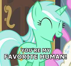 Size: 530x490 | Tagged: safe, edit, edited screencap, screencap, lyra heartstrings, g4, bronybait, caption, cute, eyes closed, humie, image macro, lyrabetes, meme, open mouth, smiling, solo focus, text