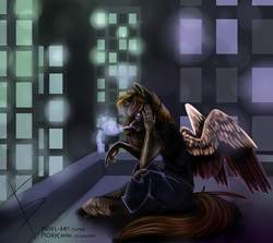 Size: 2800x2500 | Tagged: safe, artist:fullmoondagger, artist:mokychan, edit, oc, oc only, oc:fullmoon dagger, pegasus, anthro, anthro oc, cigarette, clothes, high res, smoking, solo