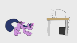 Size: 1280x720 | Tagged: safe, artist:dailevy, twilight sparkle, alicorn, pony, g4, animated, computer, fail, female, gif, magic, missing cutie mark, pc, simple background, solo, spread wings, table, teleportation, twilight sparkle (alicorn)