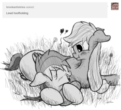Size: 1500x1357 | Tagged: safe, artist:fetishsketches, applejack, rainbow dash, earth pony, pegasus, pony, g4, eyes closed, female, floppy ears, grass, grayscale, heart, hoof hold, lesbian, mare, monochrome, open mouth, prone, ship:appledash, shipping, simple background, smiling, white background