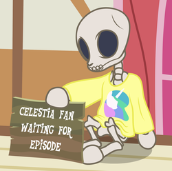 Size: 1730x1718 | Tagged: safe, artist:badumsquish, derpibooru exclusive, princess celestia, pony, g4, bone, clothes, dead, derail in the comments, female, hilarious in hindsight, shirt, sign, skeleton, solo, t-shirt, waiting