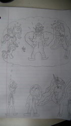 Size: 670x1191 | Tagged: safe, artist:supahdonarudo, fluttershy, pinkie pie, princess celestia, princess luna, rarity, parasprite, g4, buff, drawing, dream, heart eyes, lined paper, male, muscles, ronald mcdonald, thought bubble, traditional art, waluigi, wingding eyes