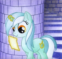 Size: 1311x1242 | Tagged: safe, artist:legeden, lyra heartstrings, pony, unicorn, g4, female, magic, paper, smiling, solo, stairs, telekinesis, traditional art