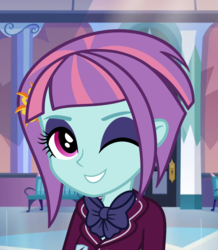Size: 1412x1620 | Tagged: artist needed, safe, sunny flare, equestria girls, g4, my little pony equestria girls: friendship games, adoraflare, clothes, crystal prep academy, crystal prep academy uniform, cute, eyeshadow, female, makeup, one eye closed, school uniform, solo, wink