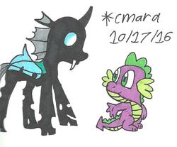 Size: 811x672 | Tagged: safe, artist:cmara, spike, thorax, changeling, g4, smiling, traditional art