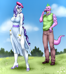 Size: 700x773 | Tagged: safe, artist:pia-sama, rarity, spike, anthro, plantigrade anthro, g4, accessory, beatnik rarity, beret, blushing, clothes, collarbone, commission, dress, facial hair, feet, field, hat, high heels, looking back, looking over shoulder, male, moustache, muscles, older, older spike, one eye closed, open-toed shoes, pants, ship:sparity, shipping, shoes, side slit, song reference, straight, toes, wink