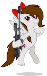 Size: 4500x7200 | Tagged: safe, artist:rsa.fim, oc, oc only, oc:whisper hope, pegasus, pony, absurd resolution, bow, cutie mark, female, floating, gun, halo (series), halo: reach, hooves, mare, mexican, optical sight, ribbon, rifle, simple background, smiling, sniper, sniper rifle, solo, spread wings, srs-99, transparent background, unitárium, weapon, wings