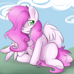 Size: 1024x1024 | Tagged: safe, artist:neonblaze909, oc, oc only, oc:neow, pegasus, pony, colored pupils, female, hair over one eye, looking at you, mare, sitting, sky, solo, spread wings, underhoof, wings