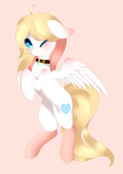 Size: 1976x2811 | Tagged: safe, artist:itsizzybel, oc, oc only, oc:angel hearts, pegasus, pony, blushing, one eye closed, scrunchy face, solo