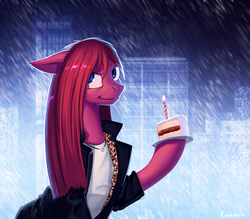 Size: 1854x1626 | Tagged: safe, artist:rublegun, pinkie pie, earth pony, pony, g4, cake, candle, city, clothes, crossover, dessert, female, fire, hoof hold, mare, max payne, pinkamena diane pie, plate, scenery, solo, straight mane, the cake is a lie