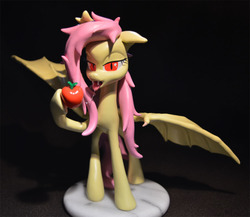 Size: 1000x868 | Tagged: safe, artist:prototypespacemonkey, fluttershy, bat pony, pony, g4, apple, female, flutterbat, food, race swap, sculpture, solo, traditional art