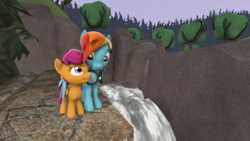 Size: 2560x1440 | Tagged: safe, artist:asylum529, rainbow dash, scootaloo, pegasus, pony, g4, 3d, cliff, hug, scootalove, source filmmaker, waterfall, winghug