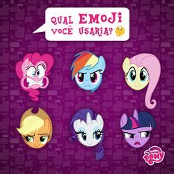 Size: 800x800 | Tagged: safe, applejack, fluttershy, pinkie pie, rainbow dash, rarity, twilight sparkle, g4, official, emoji, frown, lidded eyes, looking at you, looking sideways, mane six, my little pony logo, open mouth, portuguese, smiling, translated in the comments