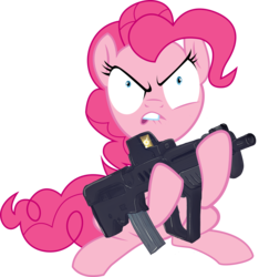 Size: 5748x6140 | Tagged: safe, artist:evilbob0, pinkie pie, g4, absurd resolution, assault rifle, equestria is doomed, female, gun, imi tavor, lip bite, rifle, simple background, solo, tar-21, transparent background, weapon, xk-class end-of-the-world scenario