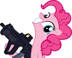 Size: 2452x1975 | Tagged: safe, artist:evilbob0, pinkie pie, g4, assault rifle, equestria is doomed, female, gun, imi tavor, rifle, simple background, slasher smile, solo, tar-21, transparent background, weapon, xk-class end-of-the-world scenario