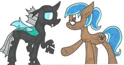 Size: 1159x612 | Tagged: safe, artist:cmara, thorax, oc, oc:carly, changeling, earth pony, pony, g4, traditional art