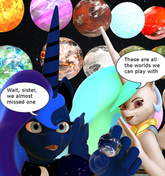 Size: 1000x1069 | Tagged: safe, artist:nobody25445, princess celestia, princess luna, alicorn, anthro, g4, 3d, earth, giant pony, macro, nightmare fuel, pony bigger than a planet, space