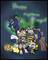 Size: 838x1042 | Tagged: safe, artist:cantershirecommons, oc, oc only, oc:humble pie, oc:saros, oc:tehir, bee, pony, zebra, bipedal, clothes, costume, fantasy class, knight, nightmare night, size difference, warrior