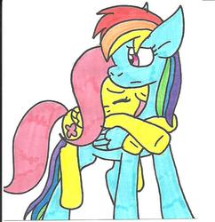 Size: 645x667 | Tagged: safe, artist:cmara, fluttershy, rainbow dash, pegasus, pony, g4, carrying, duo, female, folded wings, hug, hug from behind, mare, sad, simple background, three quarter view, traditional art, white background, wings