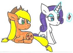 Size: 827x606 | Tagged: safe, artist:cmara, applejack, rarity, g4, gem, magic, traditional art