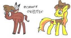 Size: 1130x601 | Tagged: safe, artist:cmara, braeburn, little strongheart, bison, buffalo, earth pony, pony, g4, traditional art