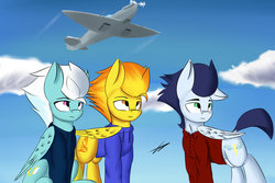 Size: 1092x731 | Tagged: safe, artist:xaski21, fleetfoot, soarin', spitfire, pony, g4, clothes, old cutie mark, plane, supermarine spitfire, wonderbolts