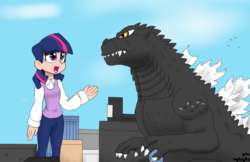 Size: 800x517 | Tagged: safe, artist:fallenangel5414, twilight sparkle, human, kaiju, g4, crossover, giantess, godzilla, godzilla (series), humanized, macro, open mouth