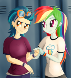 Size: 1024x1124 | Tagged: safe, artist:jabbie64, indigo zap, rainbow dash, equestria girls, g4, clothes, duo, ear piercing, female, goggles, indigodash, lesbian, lockers, pants, piercing, shipping, shirt, wristband