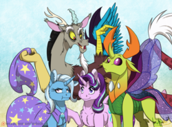 Size: 1024x758 | Tagged: safe, artist:inuhoshi-to-darkpen, discord, starlight glimmer, thorax, trixie, changedling, changeling, draconequus, pony, unicorn, g4, season 6, to where and back again, :<, :t, accessory theft, cape, changeling king, clothes, ear fluff, female, floppy ears, fluffy, frown, group, hat, king thorax, looking down, male, mare, open mouth, patreon, patreon logo, poking, quartet, raised eyebrow, reformed four, smiling, spread wings, trixie's cape, trixie's hat, unamused, unshorn fetlocks, wide eyes