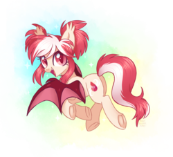 Size: 1024x929 | Tagged: safe, artist:hawthornss, oc, oc only, oc:ruby skies, bat pony, pony, cute, cute little fangs, ear fluff, fangs, flying, looking at you, looking back, open mouth, simple background, smiling, solo, sparkles, spread wings, transparent background, underhoof