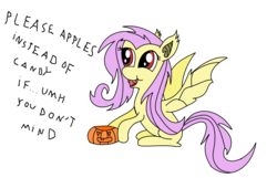 Size: 2136x1374 | Tagged: safe, artist:amateur-draw, fluttershy, bat pony, pony, g4, dialogue, female, flutterbat, halloween, jack-o-lantern, ms paint, open mouth, pumpkin, race swap, simple background, sitting, smiling, solo, spread wings, text, white background