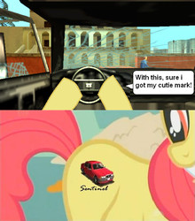 Size: 480x546 | Tagged: safe, artist:edgar546, apple bloom, earth pony, pony, g4, bmw, broken door, car, driving, female, filly, grand theft auto, gta liberty city stories, solo, vice city