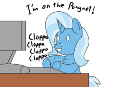 Size: 1400x1000 | Tagged: safe, artist:spritepony, trixie, pony, unicorn, g4, computer, dialogue, female, internet, mare, meme, my little art challenge, ponynet, simple background, smiling, solo, typing, white background