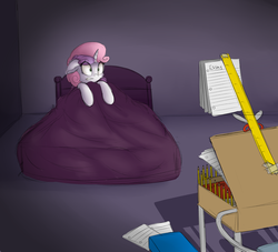 Size: 2000x1818 | Tagged: safe, artist:vanillaghosties, sweetie belle, pony, unicorn, g4, bed, blanket, desk, female, filly, indoors, monster, nightmare, paper, pencil, ruler, scared, scissors, solo, terrified