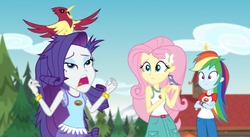 Size: 1006x553 | Tagged: safe, screencap, fluttershy, frosty orange, orange sherbette, rainbow dash, rarity, bird, songbird, equestria girls, g4, legend of everfree - bloopers, my little pony equestria girls: legend of everfree, blooper, camp, camp everfree, camp everfree outfits, clothes, crossed arms, faic, female, ornithophobia, pine tree, scared, screaming, shocked, sky, sleeveless, spread wings, surprised, tank top, tree, wings