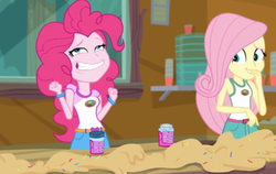 Size: 787x496 | Tagged: safe, screencap, fluttershy, pinkie pie, equestria girls, g4, legend of everfree - bloopers, my little pony equestria girls: legend of everfree, blooper, camp everfree, camp everfree logo, clothes, faic, female, food, giggling, laughing, sleeveless, sprinkles, tank top, water
