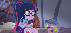 Size: 1006x471 | Tagged: safe, screencap, sci-twi, spike, spike the regular dog, twilight sparkle, dog, equestria girls, g4, legend of everfree - bloopers, my little pony equestria girls: legend of everfree, bed, blooper, camp everfree, camp everfree logo, faic, female, glasses, hat, male, pillow
