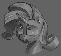 Size: 1649x1527 | Tagged: safe, artist:post-it, rarity, g4, abuse, bust, colored sketch, crying, female, monochrome, painting, portrait, sketch, solo