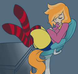 Size: 1342x1276 | Tagged: safe, artist:/d/non, oc, oc only, oc:sweet dreams, satyr, ass, bags under eyes, butt, chair, clothes, drool, hooves on the table, leaning back, open mouth, parent:oc:safe haven, shorts, sleeping, socks, solo, striped socks, sweater