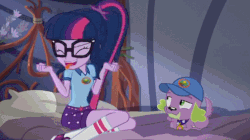 Size: 837x469 | Tagged: safe, screencap, sci-twi, spike, spike the regular dog, twilight sparkle, dog, equestria girls, g4, legend of everfree - bloopers, my little pony equestria girls: legend of everfree, adorkable, animated, animated actors, blooper, cute, dork, duo, gif, tongue out, twiabetes