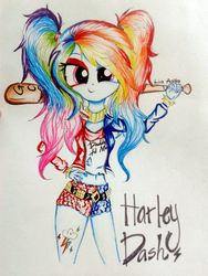 Size: 1536x2048 | Tagged: safe, artist:liaaqila, rainbow dash, equestria girls, g4, baseball bat, belly button, clothes, cosplay, costume, crossover, cute, cutie mark, cutie mark on equestria girl, dashabetes, female, harley quinn, looking at you, midriff, nightmare night, ponytail, short shirt, smiling, solo, suicide squad, torn clothes, traditional art, weapon
