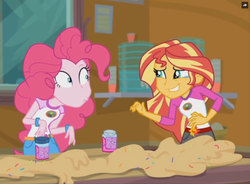 Size: 1382x1017 | Tagged: safe, screencap, pinkie pie, sunset shimmer, equestria girls, g4, legend of everfree - bloopers, my little pony equestria girls: legend of everfree, crying, faic, female, laughing, tears of laughter