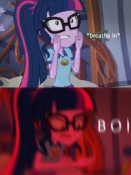 Size: 1536x2048 | Tagged: safe, edit, edited screencap, screencap, sci-twi, twilight sparkle, equestria girls, g4, legend of everfree - bloopers, my little pony equestria girls: legend of everfree, boi, caption, female, image macro, meme, motion blur, solo, text