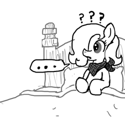 Size: 640x600 | Tagged: safe, artist:ficficponyfic, oc, oc only, oc:emerald jewel, earth pony, pony, colt quest, bed, bedpost, blanket, child, colt, confused, foal, hair over one eye, male, monochrome, pillow, question mark, solo, story included