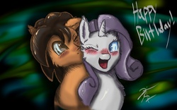 Size: 2560x1600 | Tagged: safe, artist:ritsuku, rarity, oc, oc:nupie, g4, canon x oc, cute, female, happy birthday, kissing, male, shipping, straight