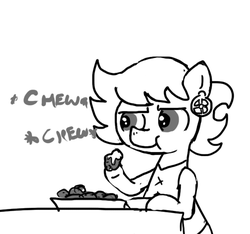 Size: 640x600 | Tagged: safe, artist:ficficponyfic, oc, oc only, oc:ruby rouge, earth pony, pony, colt quest, beans, bowl, breakfast, chewing, clothes, ear piercing, earring, eating, female, filly, foal, food, jewelry, monochrome, piercing, sauce, solo, story included, table, text, tomboy