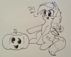 Size: 1280x1018 | Tagged: safe, artist:notenoughapples, derpy hooves, pegasus, pony, g4, cute, dialogue, female, inktober, jack-o-lantern, mare, monochrome, pumpkin, sitting, solo, traditional art