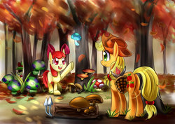 Size: 1024x724 | Tagged: safe, artist:roshichen, apple bloom, applejack, earth pony, pony, g4, autumn, colored pupils, forest, league of legends, mushroom, super mario bros., super mushroom, teemo, this will end in tears and/or death