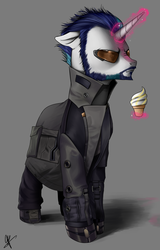 Size: 921x1442 | Tagged: dead source, safe, artist:supermare, shining armor, pony, unicorn, g4, adam jensen, alternate hairstyle, beard, deus ex, deus ex: mankind divided, facial hair, food, glowing, glowing horn, horn, ice cream, magic, male, solo, sunglasses